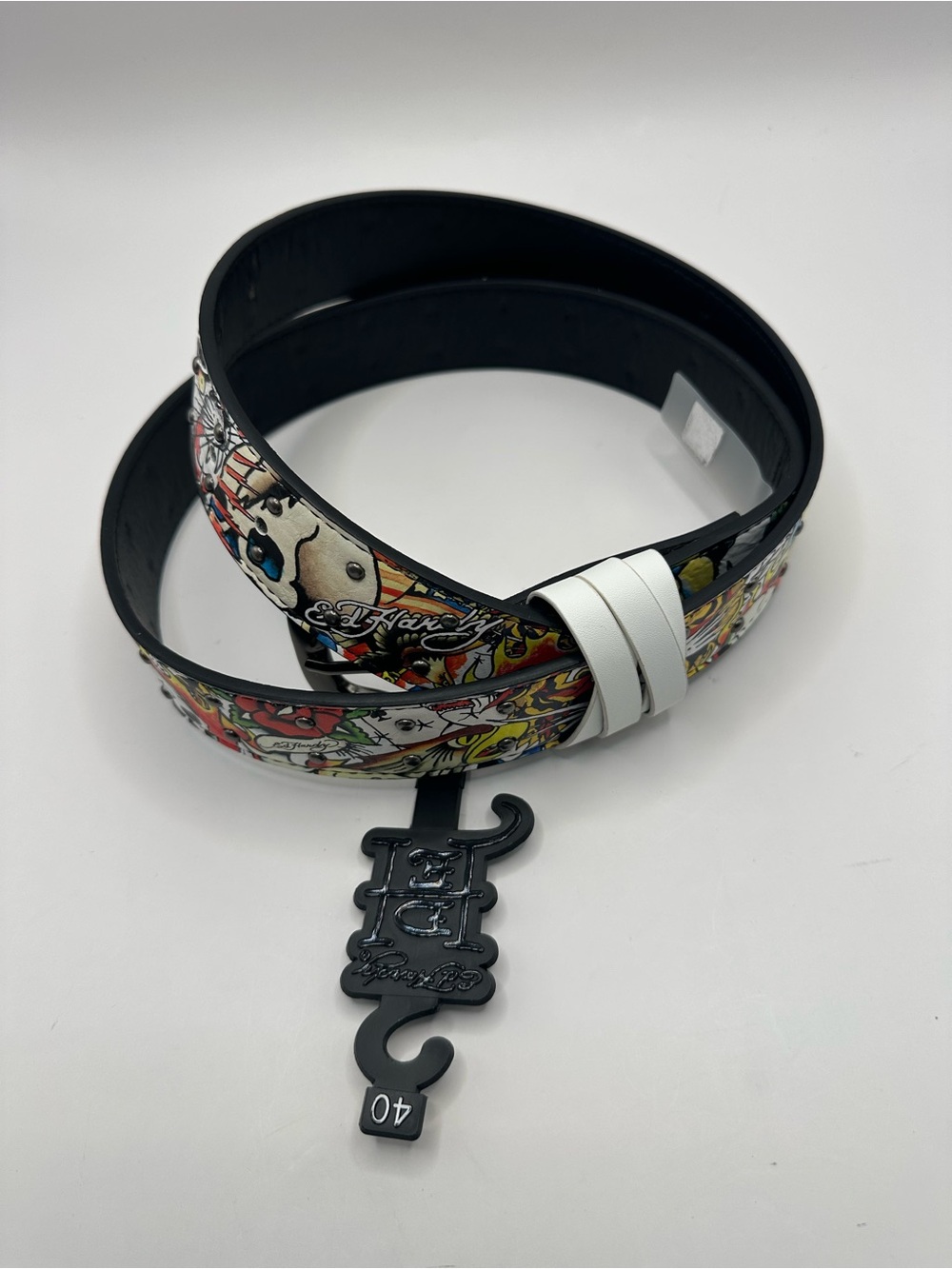 Ed Hardy Men's Graphic Print Tattoo Dress Belt Adjustable Buckle Multicolor 40